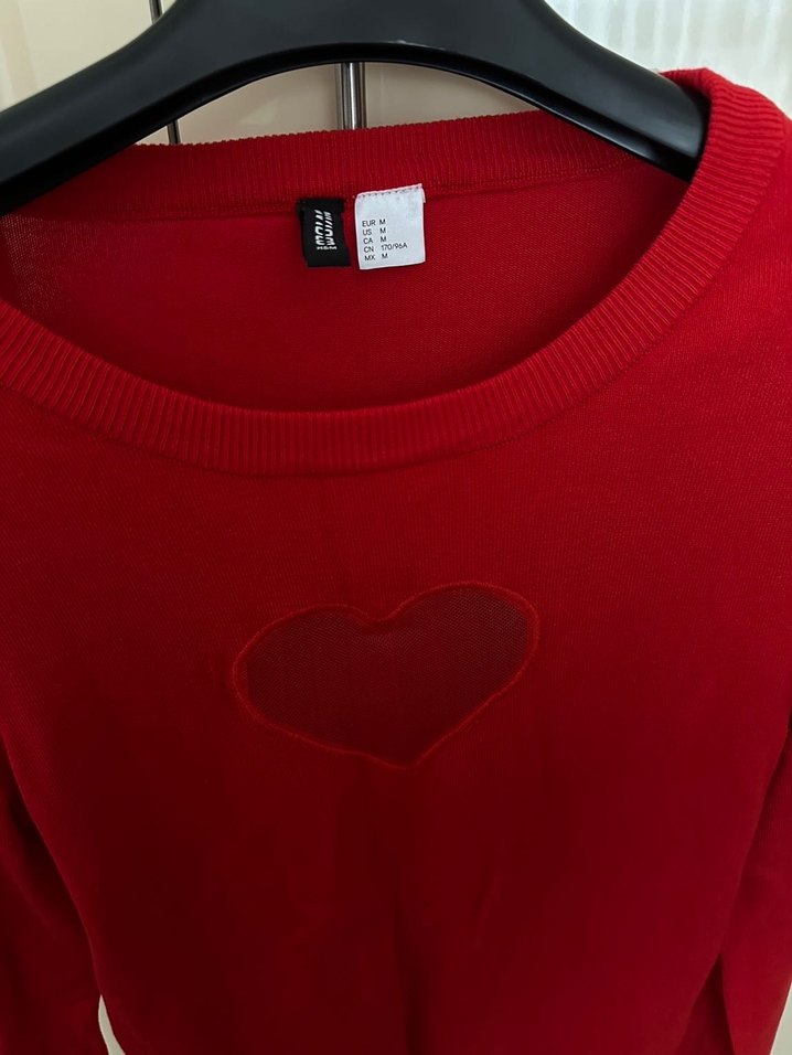 Kırmızı, Uzun Kollu, Kalp Detaylı Triko Kazak - Görsel 4