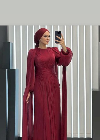 Bordo Drapeli Uzun Abiye Elbise