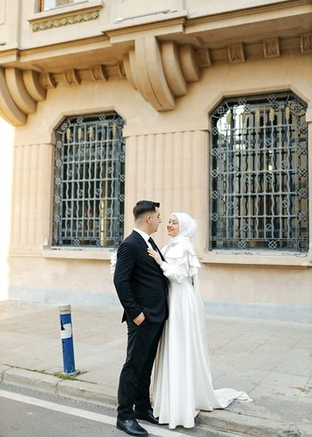 Abiye Uzun Kollu Beyaz Sade Nikah elbisesi