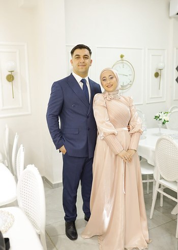 Abiye Pudra Pembe Uzun Kollu Drapeli Nişan Elbisesi