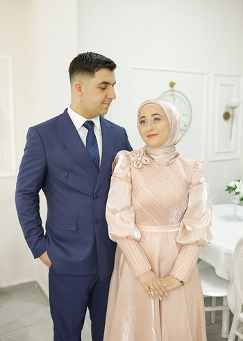 Pudra Pembe Uzun Kollu Drapeli Nişan Elbisesi