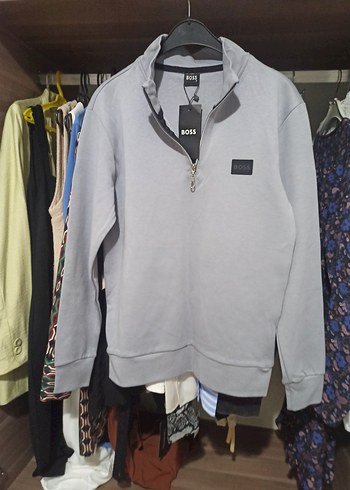 s Beden Gri BOSS Fermuarlı Erkek Sweatshirt