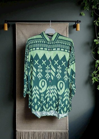 Bohem Yeşil Desenli Oversize Uzun Kollu Gömlek