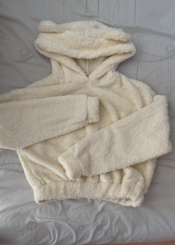 Diğer Beyaz Peluş Kapüşonlu crop