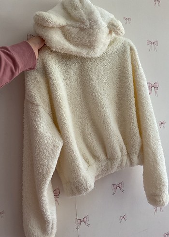 m Beden Beyaz Peluş Kapüşonlu crop