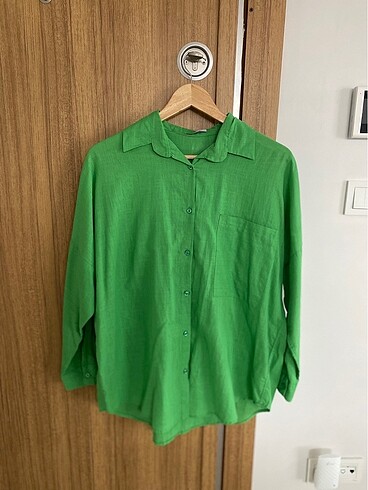universal Beden yeşil Renk Oversize Keten Gömlek Yazlık