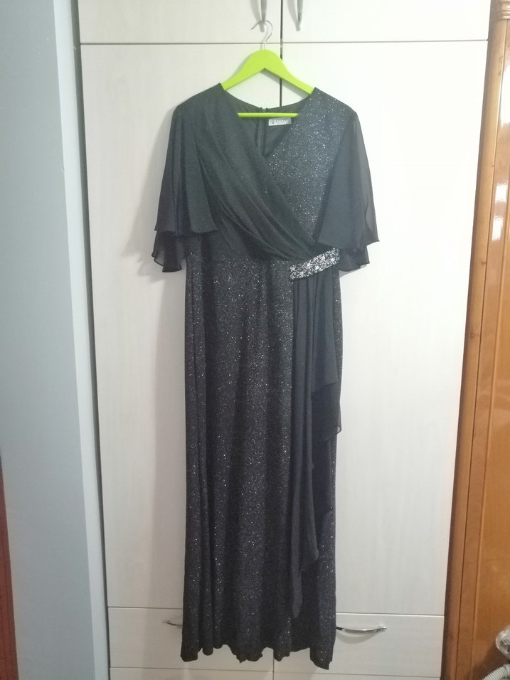 Siyah Drapeli Uzun V Yaka Kadın Abiye Elbise - Görsel 2