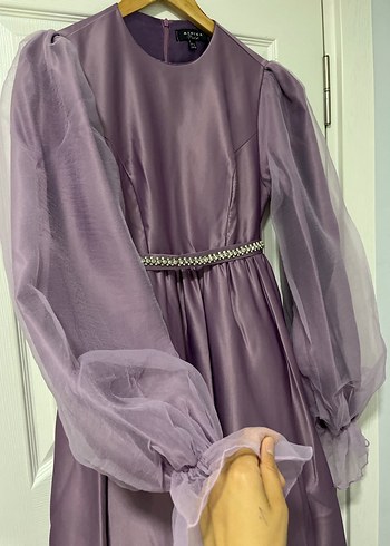 Uzun Mor Drapeli Kadın Abiye Elbise - Görsel 5