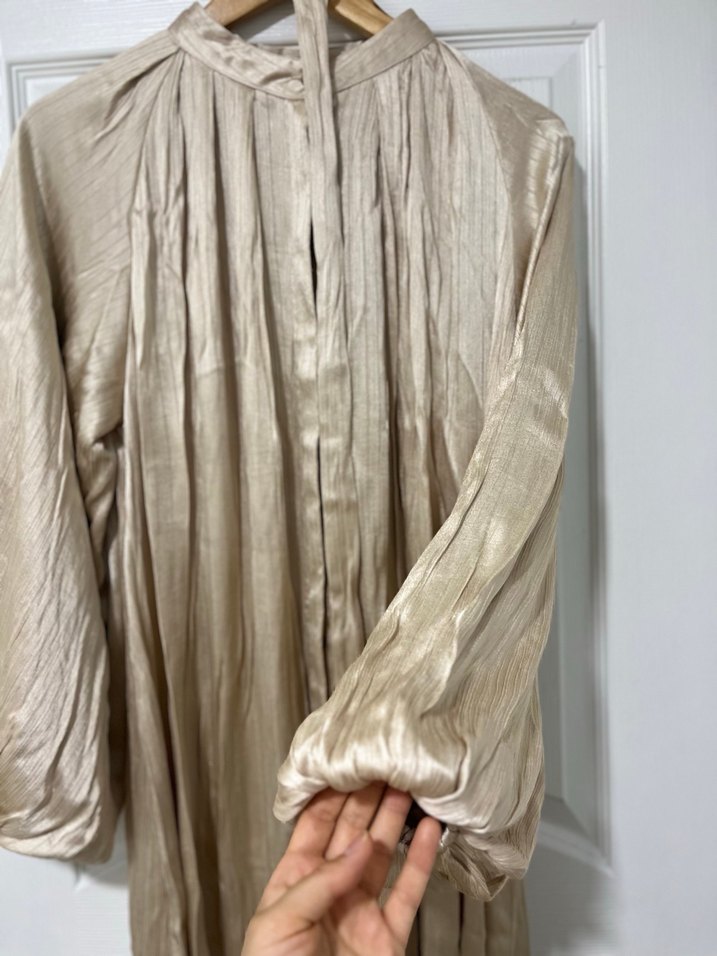 Bej Parıltılı Pilili elbise - Görsel 2