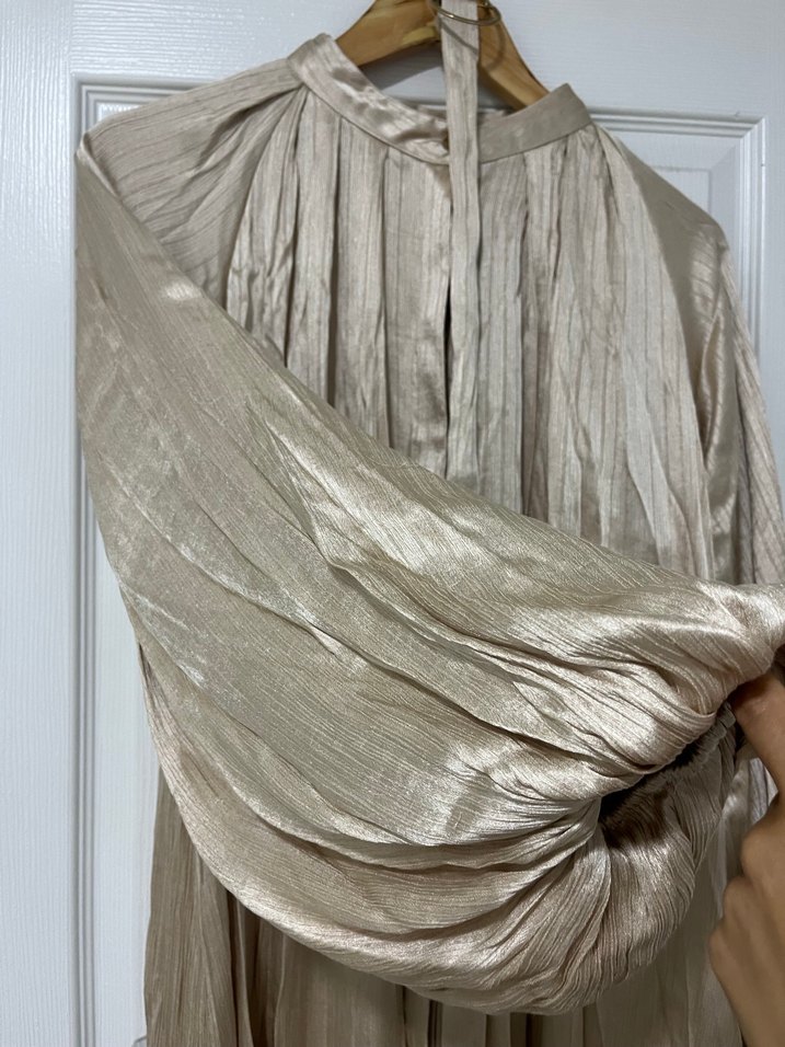 Bej Parıltılı Pilili elbise - Görsel 4