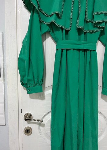 Uzun Yeşil Fırfırlı Bohem Elbise - Görsel 2