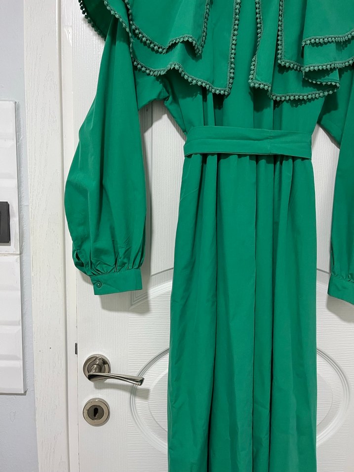 Uzun Yeşil Fırfırlı Bohem Elbise - Görsel 2