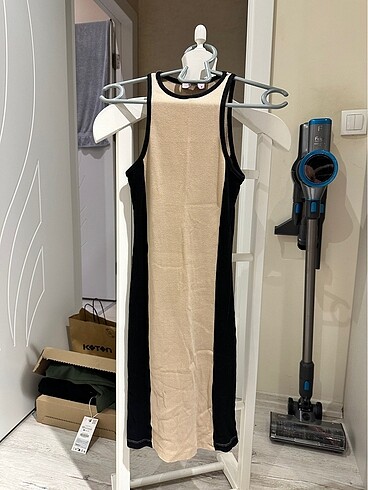 Dokuma Siyah Bej Elbise - Görsel 5