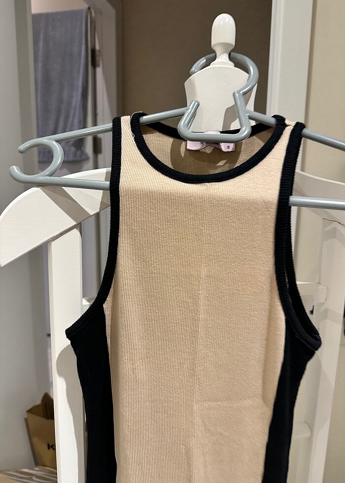 Dokuma Siyah Bej Elbise - Görsel 3