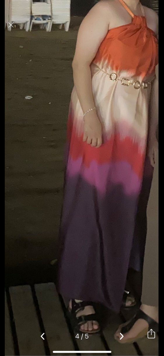 Drapeli Çok Renkli Uzun Straplez Elbise - Görsel 3