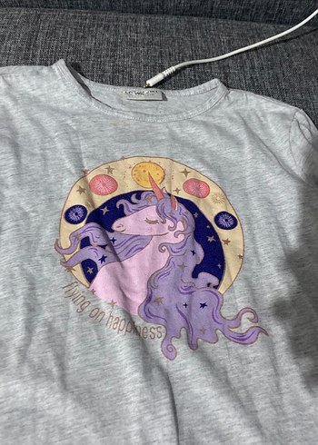 Gri Uzun Kollu Kız Tişörtü Unicorn Baskılı - Görsel 2