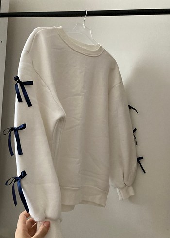 Pamuklu Beyaz Oversize Bisiklet Yaka Sweatshirt - Görsel 3