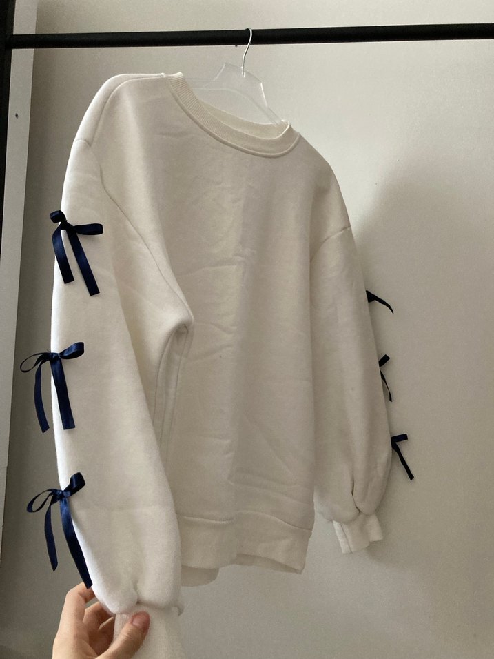 Pamuklu Beyaz Oversize Bisiklet Yaka Sweatshirt - Görsel 3