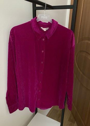 Mor Uzun Kollu Düğmeli Kadın Gömlek - Görsel 2