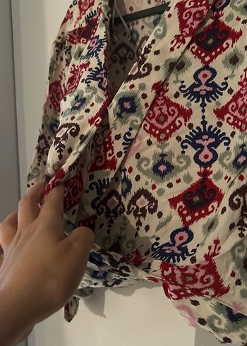 Bohem Çok Renkli V Yaka Uzun Kollu Bluz - Görsel 5