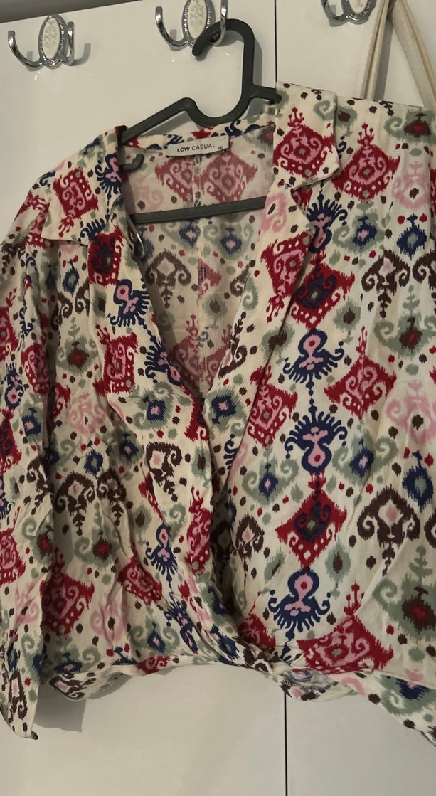 Bohem Çok Renkli V Yaka Uzun Kollu Bluz - Görsel 3