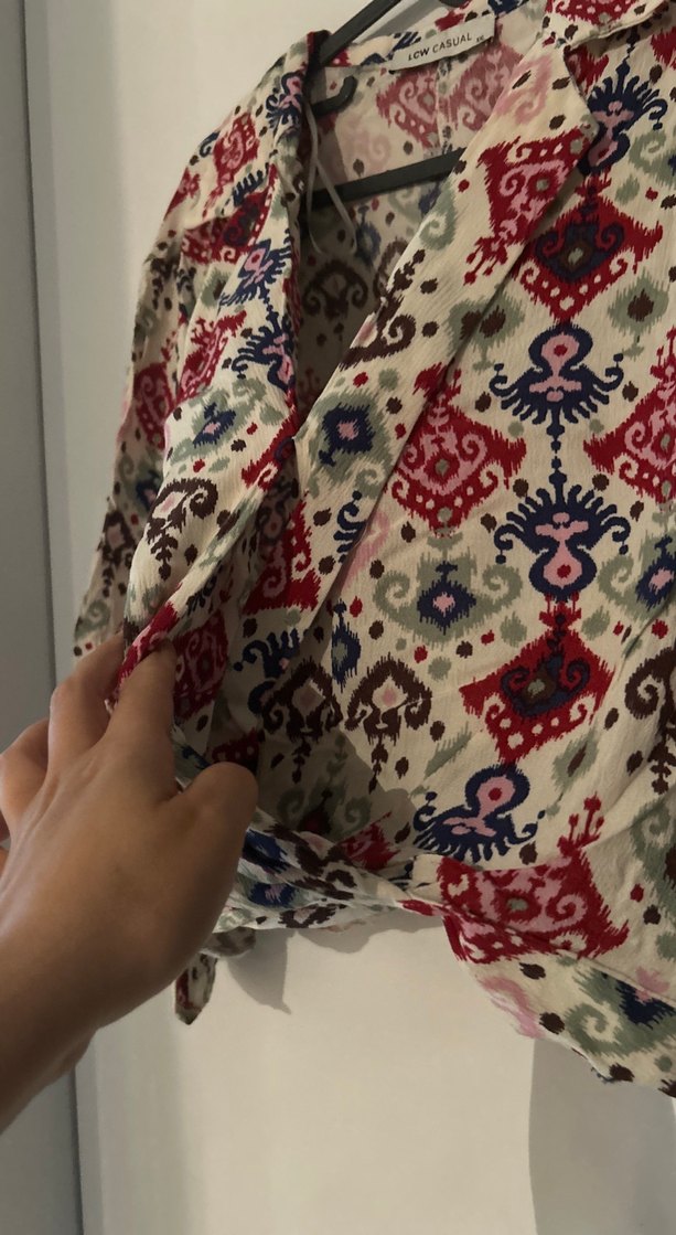 Bohem Çok Renkli V Yaka Uzun Kollu Bluz - Görsel 5