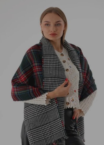 kadın çift taraflı şal ekose - Görsel 2