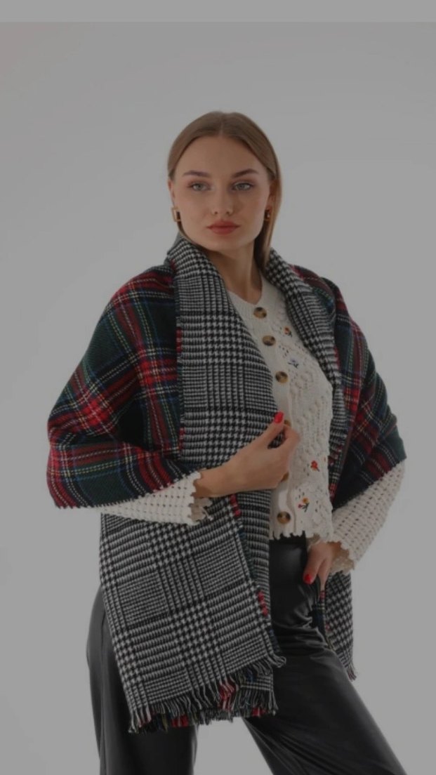 kadın çift taraflı şal ekose - Görsel 2