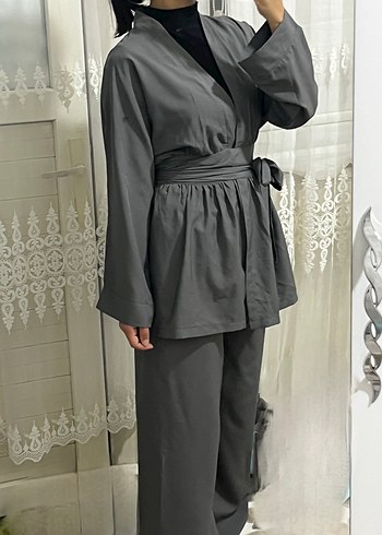 Diğer Diger Gri Uzun Kollu Kemerli Kadın Kimono takım