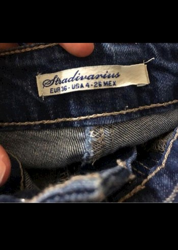 s Beden Stradivarius Kemer Detaylı Koyu Mavi Denim Midi Etek