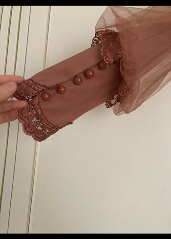 Uzun Kollu Vintage Bej Drapeli Elbise - Görsel 3