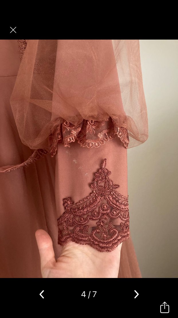 Uzun Kollu Vintage Bej Drapeli Elbise - Görsel 4