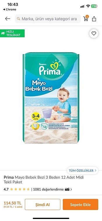 Prime Mayo Bebek Bezi 3-4 yaş 6-11 kilo