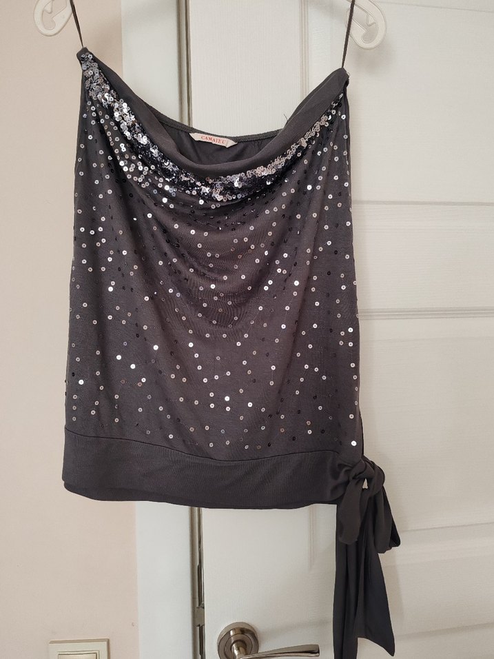 Gri/siyah 2 adet Drapeli Askılı Payetli Bluz - Görsel 2