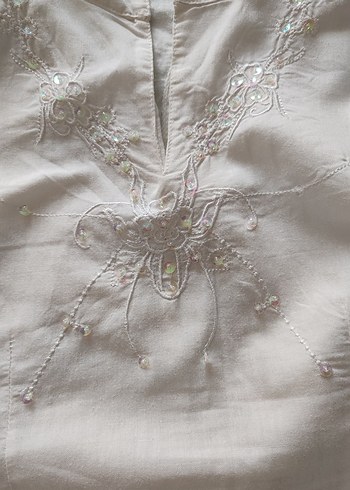 Nakışlı kolsuz Beyaz Keten  Tunik - Görsel 4