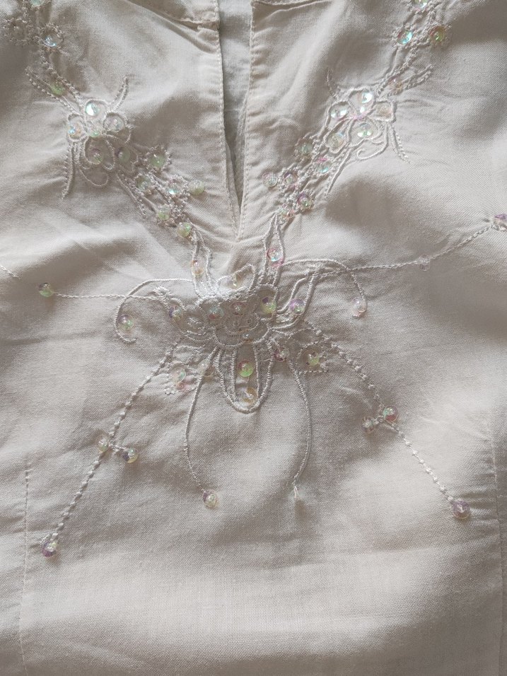 Nakışlı kolsuz Beyaz Keten  Tunik - Görsel 4