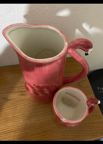 Pembe Flamingo Kulplu Seramik Sürahi ve Kupa - Görsel 3