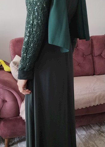 Abiye Drapeli Uzun Kollu Zümrüt Yeşili Abiye Elbise