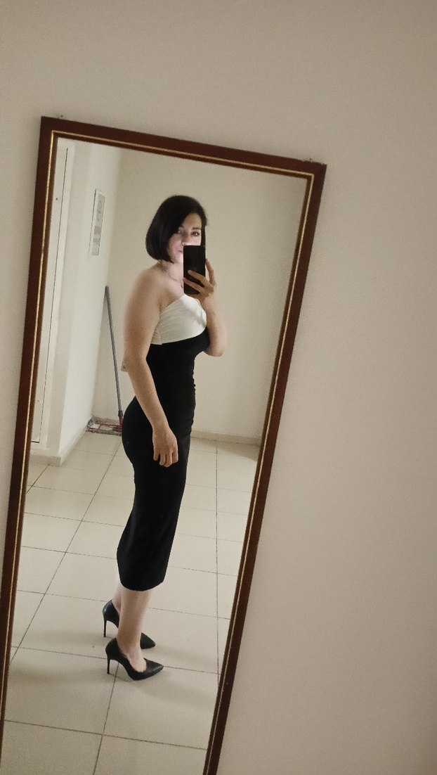 Siyah Beyaz Straplez Midi Kalem Elbise - Görsel 2