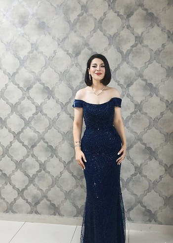 lacivert kısa kol boncuklu uzun taşlı balık abiye - Görsel 6