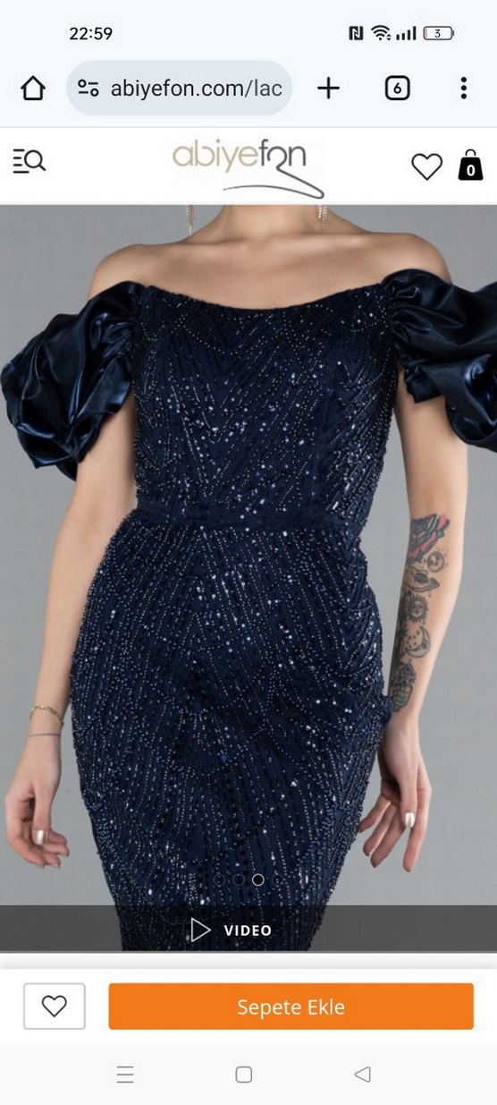 lacivert kısa kol boncuklu uzun taşlı balık abiye - Görsel 3