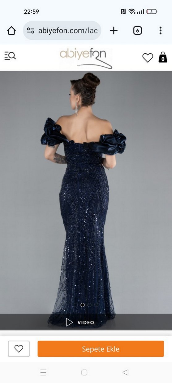 lacivert kısa kol boncuklu uzun taşlı balık abiye - Görsel 2