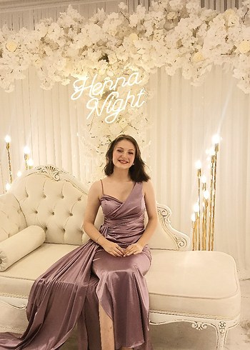 Lila İnce Askılı Uzun Drapeli Abiye Elbise - Görsel 7