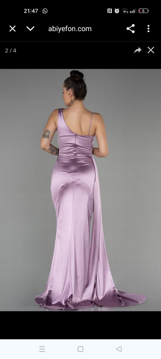 Lila İnce Askılı Uzun Drapeli Abiye Elbise - Görsel 2