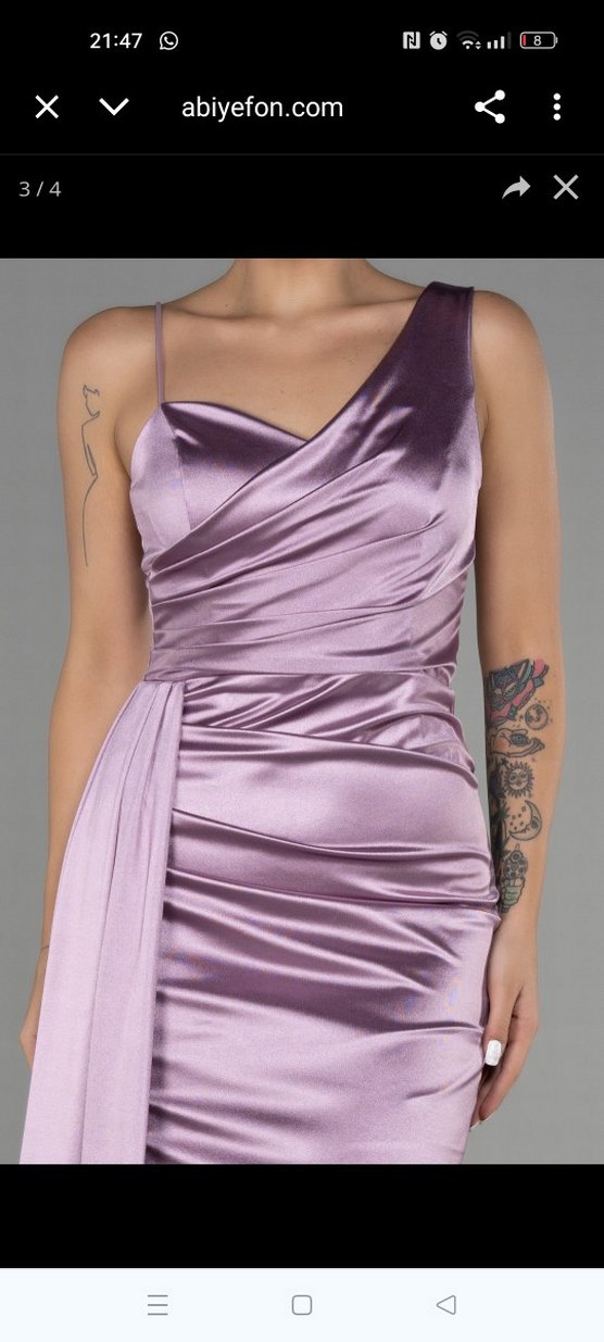 Lila İnce Askılı Uzun Drapeli Abiye Elbise - Görsel 3