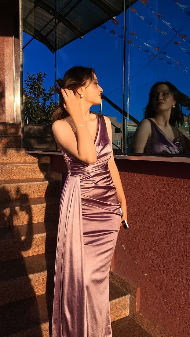 Lila İnce Askılı Uzun Drapeli Abiye Elbise - Görsel 5