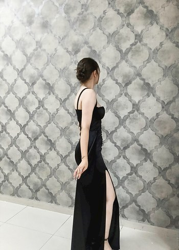 Siyah Drapeli Uzun Straplez Kadın Elbise - Görsel 7