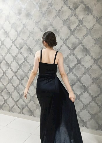 Siyah Drapeli Uzun Straplez Kadın Elbise - Görsel 8