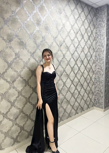 Siyah Drapeli Uzun Straplez Kadın Elbise - Görsel 6