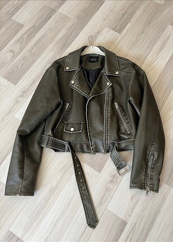Kahverengi Kadın Deri Kemerli Biker Ceket